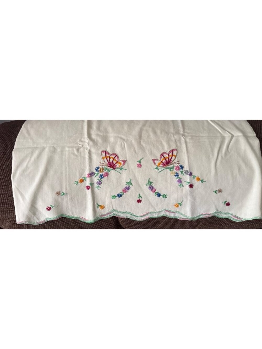Handmade White Pillowcase Embroidered Butterfly & Floral Design Scalloped Edges
